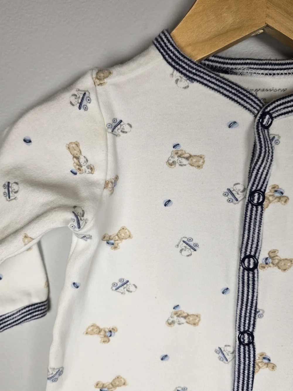 First Impressions White Footed One-Piece with Navy Trim and Puppy Print